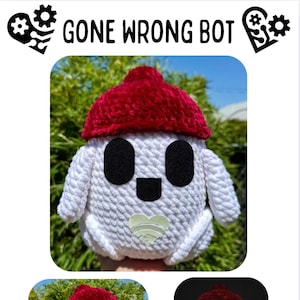 May include: A white crocheted plush toy with a red crocheted hat. The toy has black eyes, a black mouth, and a white heart with a wifi symbol on its chest. The toy is sitting on a green surface. The text "GONE WRONG BOT" is written above the toy.