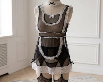 Womens French Maid Cosplay Costume Sheer Ruffle Dress Apron Outfit