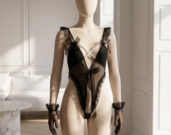Sheer Lace Bodysuit | Black or White Teddy | Deep Plunge Lingerie | One Size Bodysuit | Romantic Lace Outfit