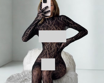 Bodystocking transparente, lencería, talla única, diseño de malla elástica, regalo romántico para ella, elegante atuendo de mujer, tallas XS-L, bodystocking negro