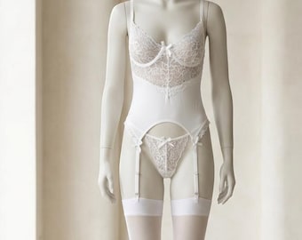 Romantic White Lace Lingerie Gift | Anniversary Boudoir Set | Soft Underwire Garter Bustier | Lace Up Back | Bow Detail Panty Set