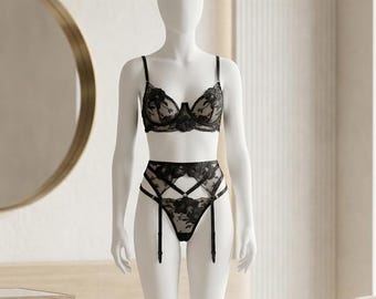 Embroidered Mesh Lingerie | Underwire Bra and Panties | Adjustable Garter Belt | Sheer Three Piece