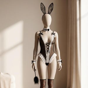 May include: A black and white lingerie set on a mannequin, featuring a bodysuit with lace trim, a bow tie, wrist cuffs, and a bunny ear headband. The set includes thigh-high stockings with red heart patterns and a black feather duster.