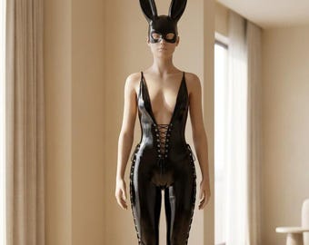 Glossy Lace Up Jumpsuit | Black Catsuit Lingerie | Bunny Mask Lingerie | Open Side Jumpsuit