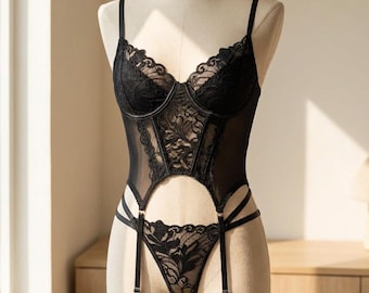 Romantic Black Boudoir Outfit | Sheer Lace Anniversary Gift Her | Underwire Teddy with Garters | Statement Lingerie | Luxury Match Set