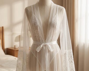 Honeymoon Lingerie Robe | Romantic White Gown | Sheer Lace Cover Up | Elegant Dressing Gown | Bridal Trousseau | Delicate Mesh Robe