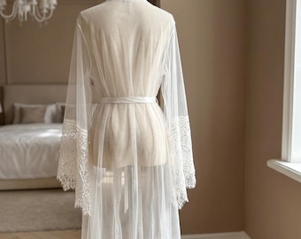 White Lace Robe | Bridal Robe | Sheer Robe | White Bridal Robe | Lace Sleeve Robe | Wedding Robe