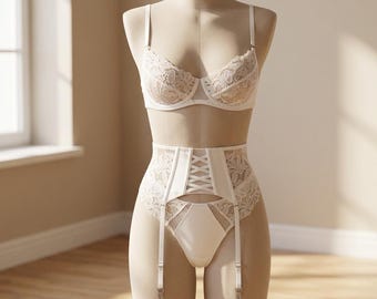 White Bridal Lingerie Set | High Waisted Garter Belt | Lace Underwire Bra Set | Romantic Honeymoon Outfit | 3 Piece Wedding Boudoir