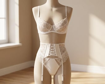 Luxury White Lingerie Gift | Anniversary Boudoir Set | Sheer Lace Underwire Bra | High Waist Garter Outfit | Romantic Gift Wife