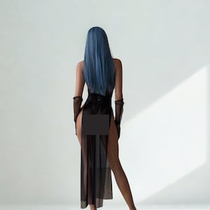 May include: A person with long blue hair is seen from the back, wearing a black dress with a high slit and sheer overlay. The outfit includes black gloves and high-heeled shoes. The background is a plain white wall.