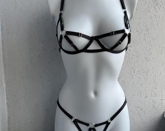 Strappy Black Lingerie Set with Adjustable Harness Plus Size