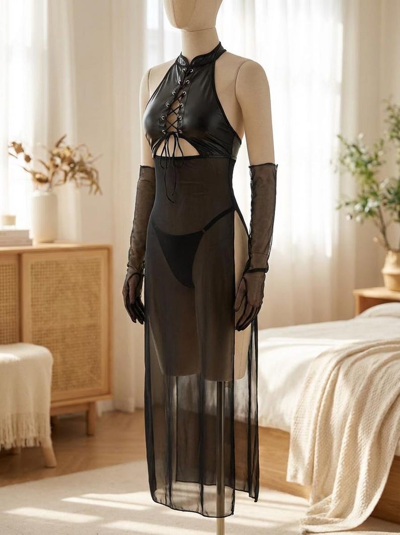Black Leather Lingerie Set Mesh Lingerie Dress with Lace Up Front image 1