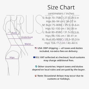 May include: A size chart with measurements in centimeters and inches for bust, underbust, waist, and hips. Sizes range from S to XL. The chart includes measurements like 27.5-29.5 inches for the bust and 34-37 inches for the hips.