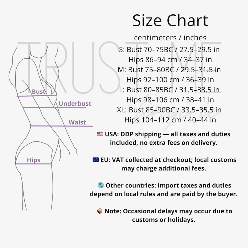 May include: A size chart with measurements in centimeters and inches for bust, underbust, waist, and hips. Sizes range from S to XL. The chart includes measurements like 27.5-29.5 inches for the bust and 34-37 inches for the hips.