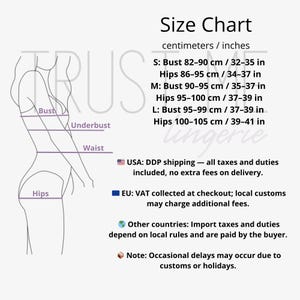 May include: Size chart for lingerie, featuring bust, underbust, waist, and hip measurements in centimeters and inches. Sizes range from S to L, with corresponding measurements in both measurement systems. Includes text about shipping and customs.