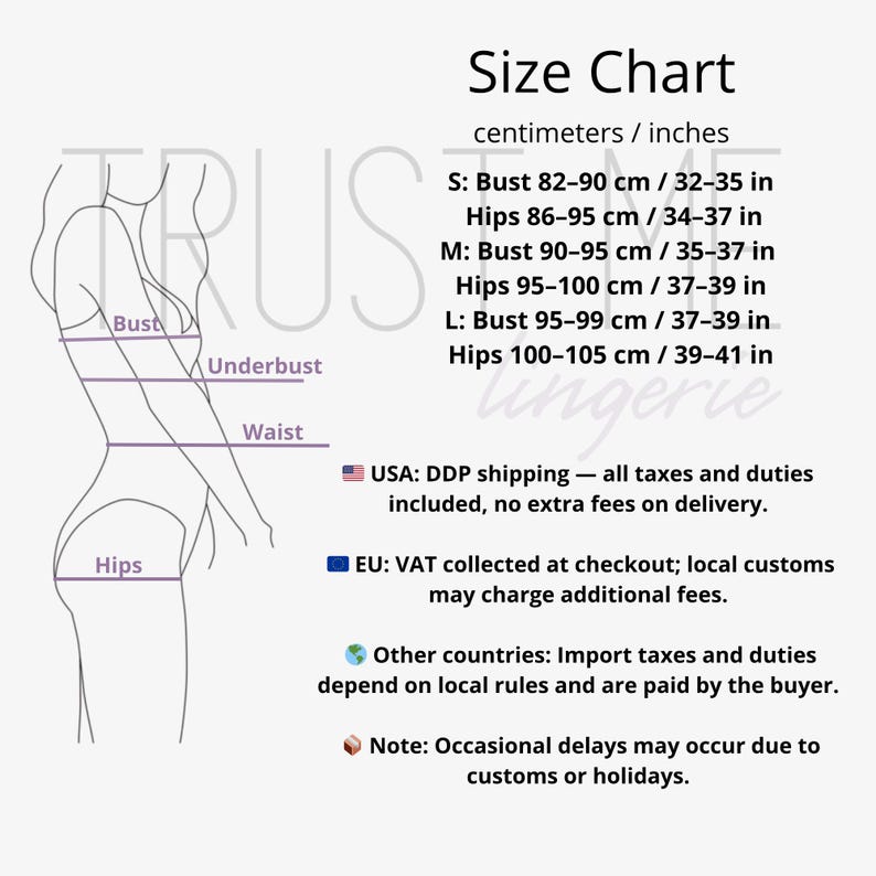 May include: Size chart for lingerie, featuring bust, underbust, waist, and hip measurements in centimeters and inches. Sizes range from S to L, with corresponding measurements in both measurement systems. Includes text about shipping and customs.