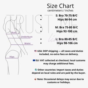 Puede incluir: Una tabla de tallas con medidas en cent&iacute;metros y pulgadas. La tabla incluye medidas de sujetador y cadera para las tallas S, M y L. Un diagrama de la silueta de una persona indica las medidas de busto, bajo pecho, cintura y caderas.