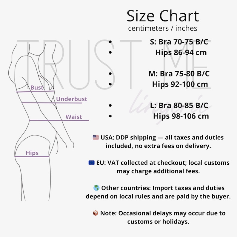 Puede incluir: Una tabla de tallas con medidas en cent&iacute;metros y pulgadas. La tabla incluye medidas de sujetador y cadera para las tallas S, M y L. Un diagrama de la silueta de una persona indica las medidas de busto, bajo pecho, cintura y caderas.