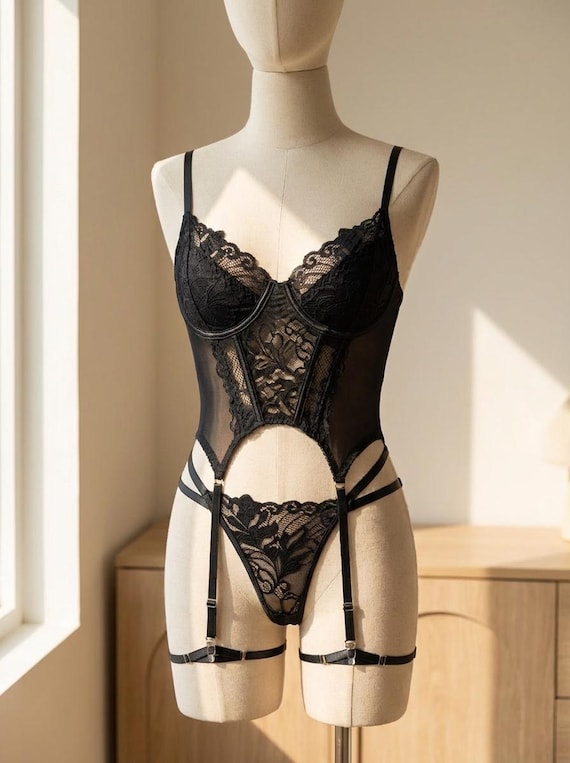 Romantic Black Boudoir Outfit | Sheer Lace Anniversary Gift Her | Underwire Teddy with Garters | Statement Lingerie | Luxury Match Set