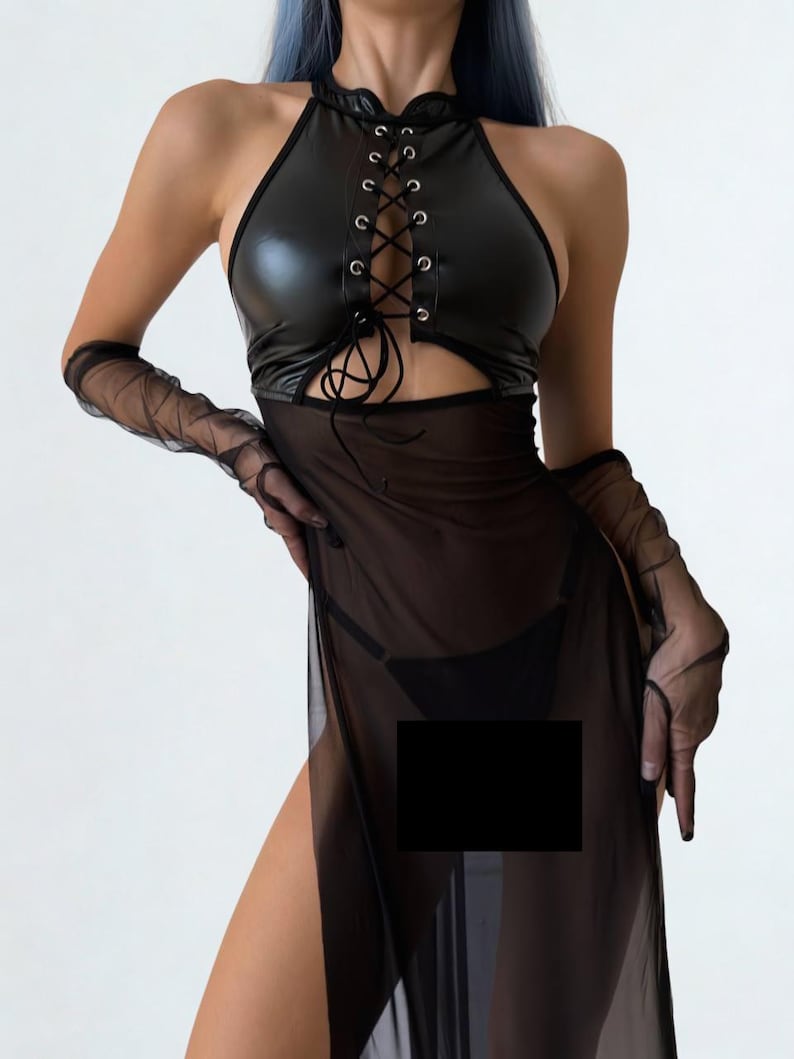 Black Leather Lingerie Set Mesh Lingerie Dress with Lace Up Front image 17