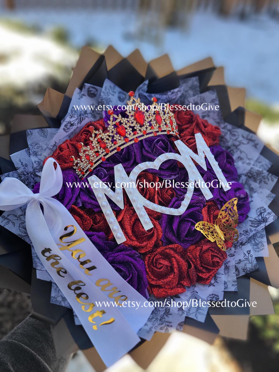 Mothers Day Bouquet Red Roses Glitter Roses Queen Moms Day Gift Eternal ...