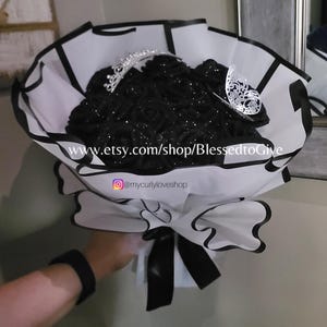 Black Glitter Roses Bouquet/Black Roses Ramo/12 Glittered Foam Roses Silver Tiara and Butterfly/Ramo Buchon/Eternal Roses/Glitter Roses