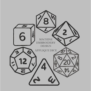 May include: A set of six black and white embroidered dice with numbers 2, 4, 6, 8, 12, and 20. The text "MACHINE EMBROIDERY DESIGN APPLIQUE DICE" is below the dice.