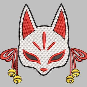 May include: White fox mask with red ears and red accents around the eyes. The mask has two red tassels with gold bells hanging from each side.