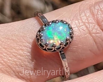 Opal Stacking Ring. Solid 925 Sterling Silver with Simulated Natural Opal Gemstone Ring