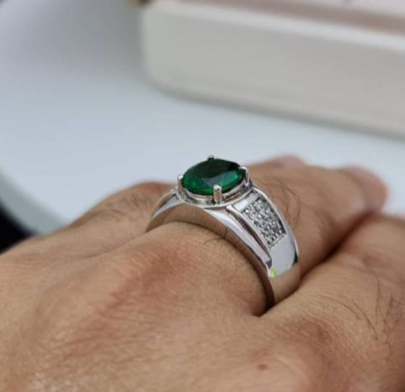 Lab Created Emerald Mens Ring 925 Sterling Silver Ring Green