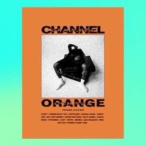 May include: A black and white photo of a person sitting on a chair. The photo is on an orange background with the text "CHANNEL ORANGE" and "FRANK OCEAN" in black. The text below the photo lists the songs on the album.