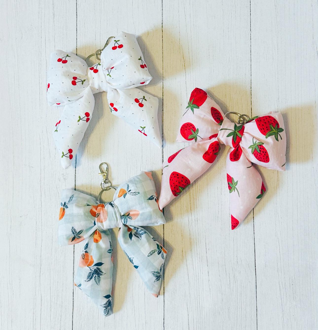 Puffy Bow Keychains, bow keychain for handbags, backpack keychain, cherry keychain, handmade bow, strawberry keychain, peach keychain