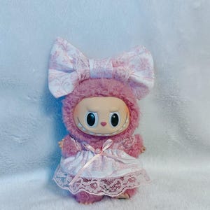labubu pink handmade clothes, handmade doll clothes, labubu custom, labubu pink dress, labubu clothing sets, labubu lace bow