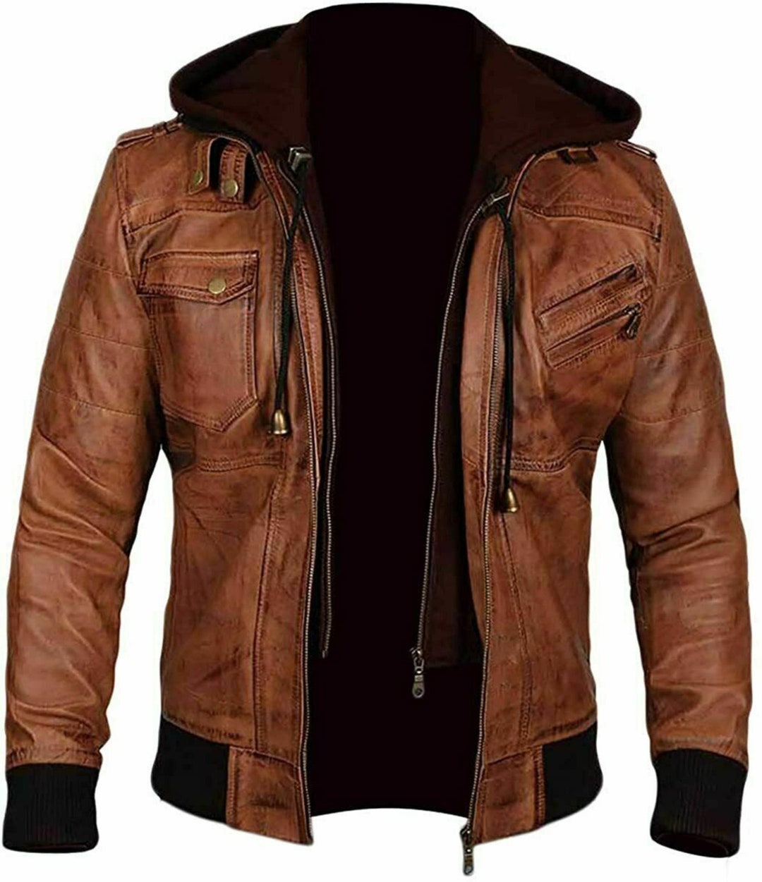 Men's Brown Bomber Motorcycle Top Hooded Genuine Leather - Etsy