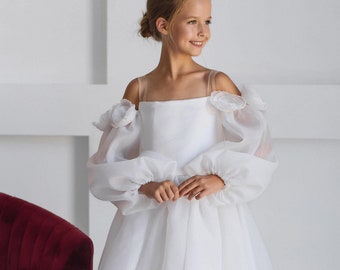 Wedding dress for girl,Organza dress,Girl ball gown,Long formal dress,Ivory flower girl dress,Princess flower girl dress,Rustic girl dress