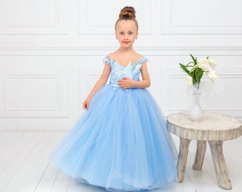 Blue Flower girl dress, Tutu girl dress,  Lace flower girl dress, Flower girl dress open back, Flower girl dress long sleeve,Baby Girl Dress
