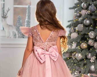 Sparkly flower girl dress,Baby birthday dress,Dusty rose flower girl dress, Girl ball gown,Tulle flower girl dress,Wedding dress for girl