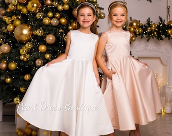 Abito da damigella in raso, abito da damigella color champagne, abito da damigella color avorio, abito da ballo per bambine, abito da sposa per bambine, abito formale per bambine