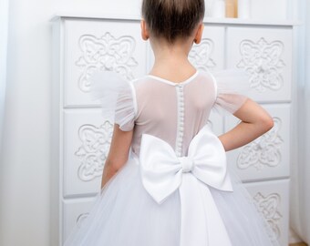 First communion dress, Tulle flower girl dress, Girl ball gown, Satin flower girl dress, Flower girl dress toddler, Tutu girl dress white