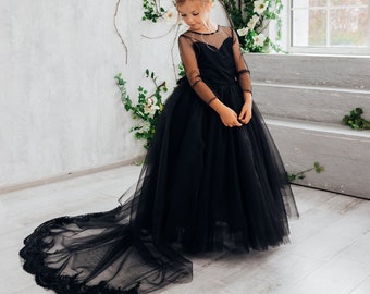 Tren de vestido de niña de flores, vestido de flores negro, vestido de niña tutú, vestido de niña de flores de encaje, vestido de niña de tul, vestido de niña pequeña, vestido de novia de bebé
