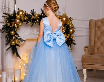 Robe de demoiselle d'honneur bleu ciel, robe de demoiselle d'honneur en satin Robe de demoiselle d'honneur en tulle, robe de demoiselle d'honneur tutu et robe de bal pour fille