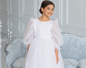Holy Communion Dress, White communion dress, Flower Girl Dress toddler, Organza flower girl dress, Girls ball gown, Princess dress toddler