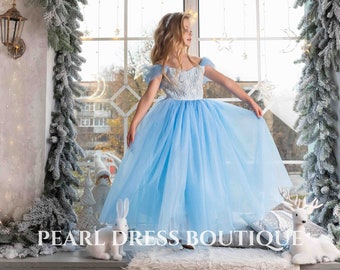 Blue flower girl dress, Christmas eve girl dress, Flower girl dress tulle, Toddler ball gown dress, Girl wedding dress, Lace girl dress