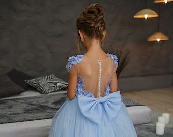 Light blue flower girl dress, Flower girl dress tulle, Toddler ball gown dress, Junior bridesmaid dress, Baby wedding dress