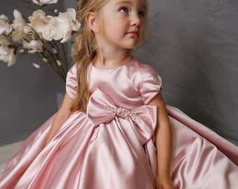 Baby flower girl dress, Satin girl dress, Pink flower girl dress, Flower girl dress tulle, Baby wedding dress,Flower girl dress for baby