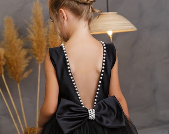 Vestido de niña de flores con perlas, vestido negro para niña, vestido de satén para niña pequeña, vestido de tul para niña, vestido con lazo, vestido formal para niña, vestido de novia para niña