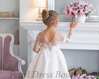 Lace flower girl dress,Holy communion dress,Long sleeve flower girl dress,Satin girl dress,Mini bride dress,Toddler gown,Girl Wedding dress