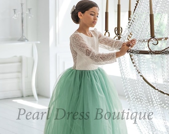 Sage grünes Blumenmädchenkleid Tüll Blumenmädchenkleid Rustikal Blumenmädchenkleid Spitze Blumenkleid Boho Blumenmädchenkleid Baby-Hochzeitskleid