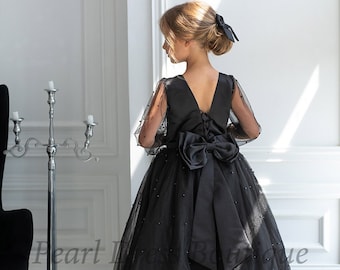 Black Flower Girl Dress, Satin Girl dress, Tulle Flower Girl Dress, Wedding Girl dress, Birthday girl dress,Party girl dress,Tutu Girl Dress