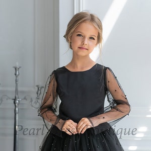 Satin girl dress, Black flower girl dress, Long Sleeve Girl Dress, Tutu flower girl dress, Tulle girl dresses, Flower girl dress with train